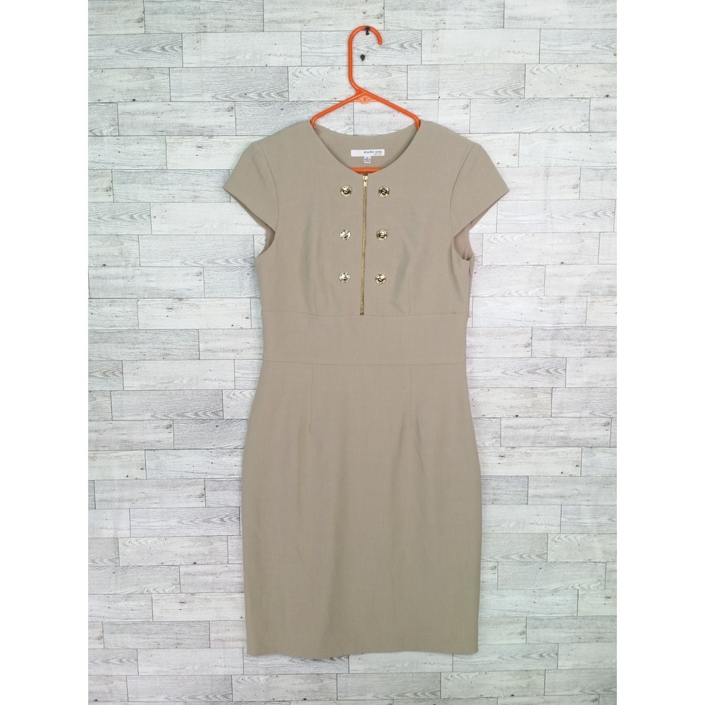 Women's Studio One Tan Khaki Sheath Dress Career Size 6 Gold